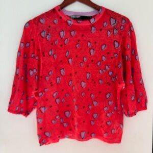 Bimba y lola RED SMALL HEART print LINEN SWEATER  top valentines puff sleeves